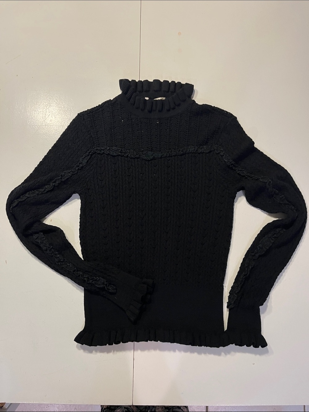 Women's Black Ruffle Mock Neck Cable Sweater